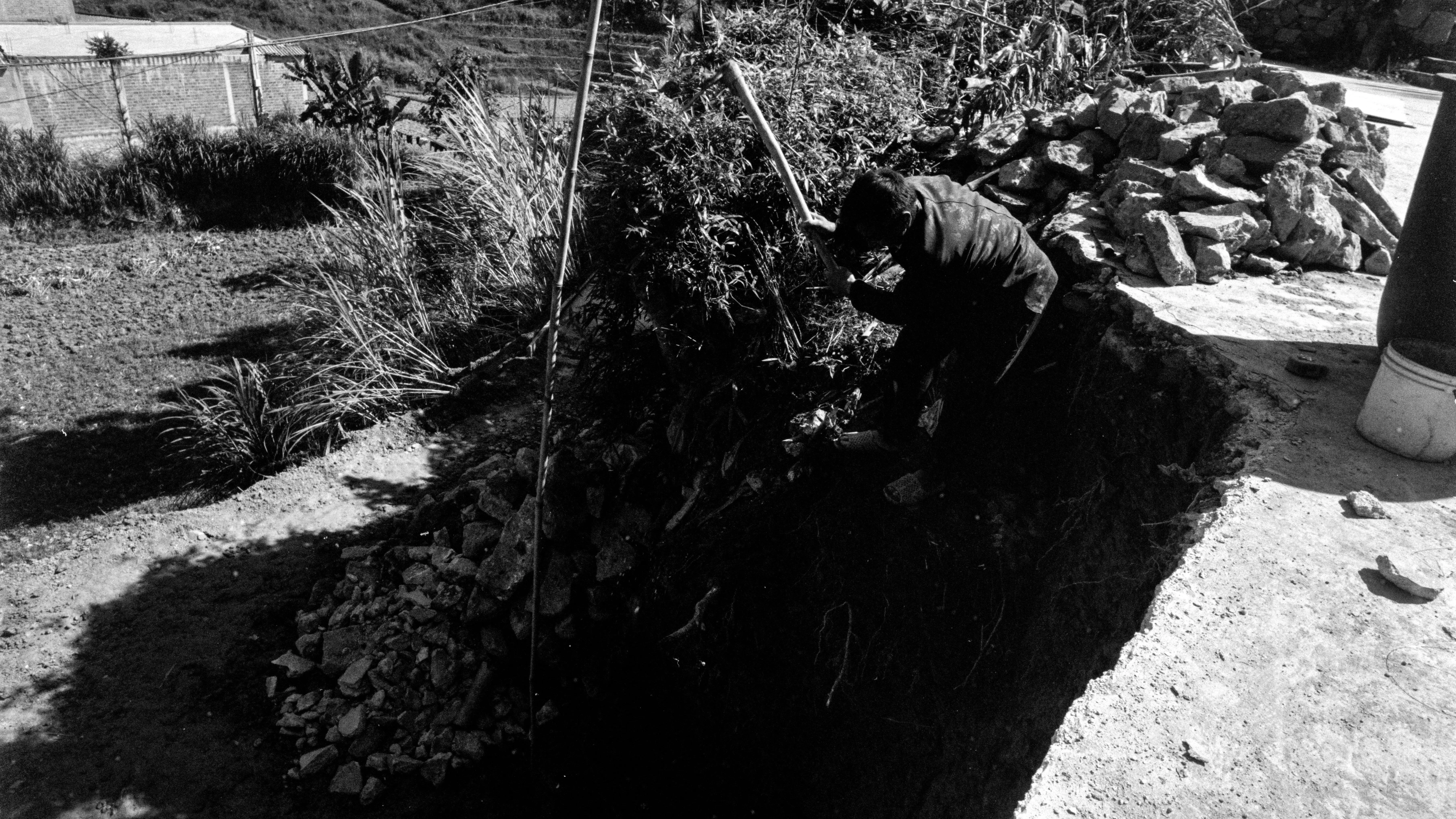 Man digging a hole in black and white - plants and payoffs