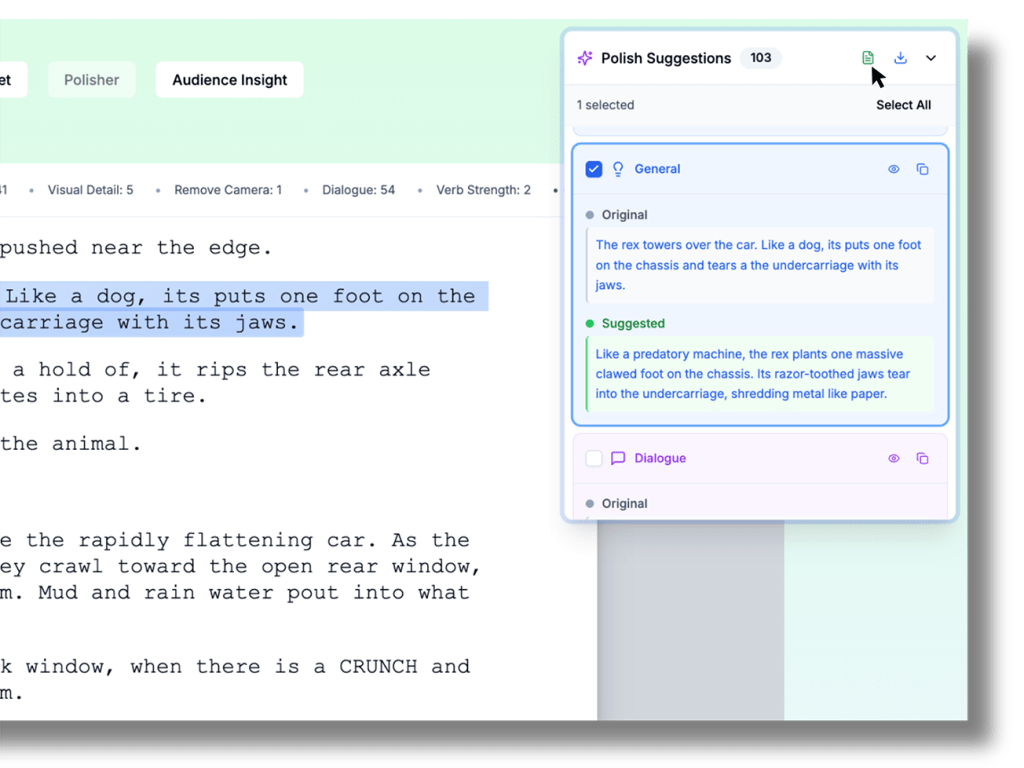 An interface of the Greenlight Coverage Polisher tool showing an AI-powered screenplay editing workspace. The screen displays a script for "Jurassic Park" with specific scene descriptions highlighted in blue. A sidebar labeled "Polish Suggestions" shows a comparison between the "Original" text—describing a T-Rex's actions—and a "Suggested" rewrite that uses more evocative and cinematic language.