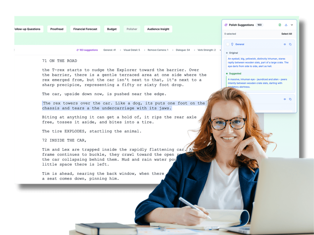 Greenlight Coverage "Polisher" tool interface. The screen shows a screenplay for "Jurassic Park" with a paragraph highlighted in blue. To the right, a sidebar labeled "Polish Suggestions" displays an original description of a dinosaur's eye next to a "Suggested" rewrite that uses more evocative, cinematic language. A smiling woman in a blue blazer and glasses is overlaid on the right, writing in a notebook while looking at the screen.