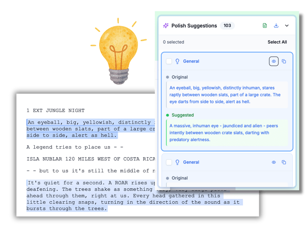 An interface overlay titled "Polish Suggestions" showing a side-by-side comparison of original screenplay text and an AI-enhanced suggestion. The "Original" text describes a large eye looking through a crate, while the "Suggested" text offers a more descriptive, predatory version.