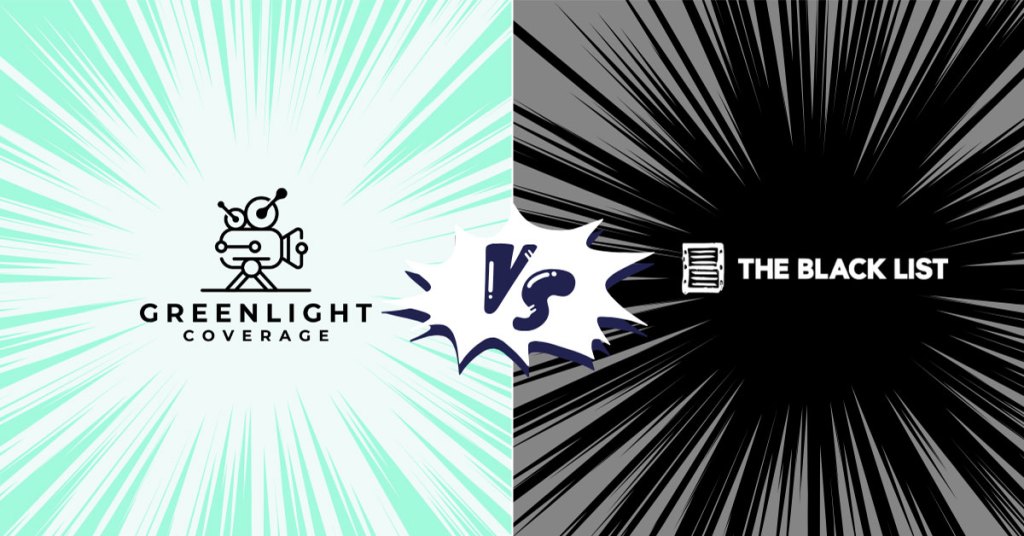 A graphic split screen showing a head-to-head comparison between Greenlight Coverage and The Black List, featuring a central 'VS' comic-style speech bubble.