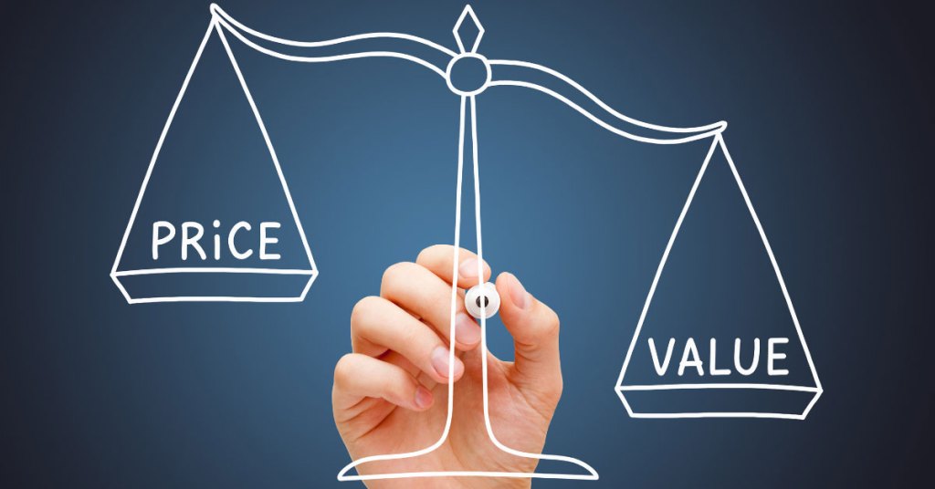 A hand drawing a balance scale on a dark background, with the word "PRICE" on the left pan and the word "VALUE" on the right pan, representing the trade-off between the costs and benefits of using screenwriting services.