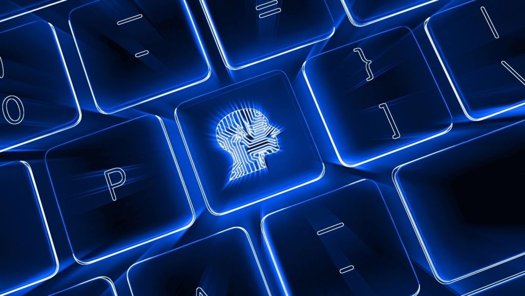 Glowing blue keyboard with an artificial intelligence brain key, representing AI software used for screenplay rewriting and digital writing.