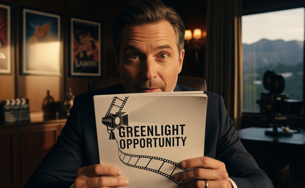 A film producer sitting at his desk holding up a document that reads "GREENLIGHT OPPORTUNITY" with a spotlight and film reel design, with movie posters, a clapperboard, and a vintage camera in the background.