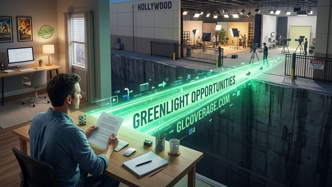 A conceptual photograph illustrating how the "Greenlight Opportunities" platform, found at glcoverage.com, creates a direct path for screenplay writers from their home office to a busy Hollywood studio for script finding and financing.