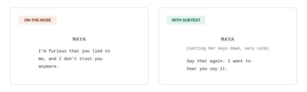On-the-nose vs subtext dialogue example in screenplay format for script coverage