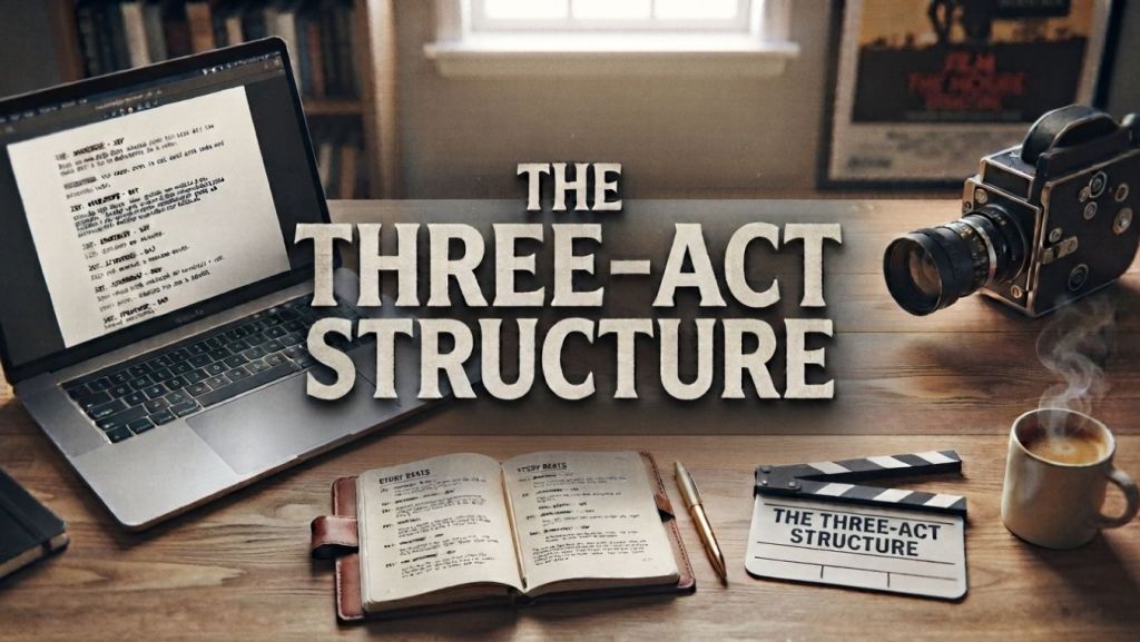Screenwriter desk setup featuring a laptop with script formatting software, a notebook open to story beats, a film slate, and text reading "The Three-Act Structure."