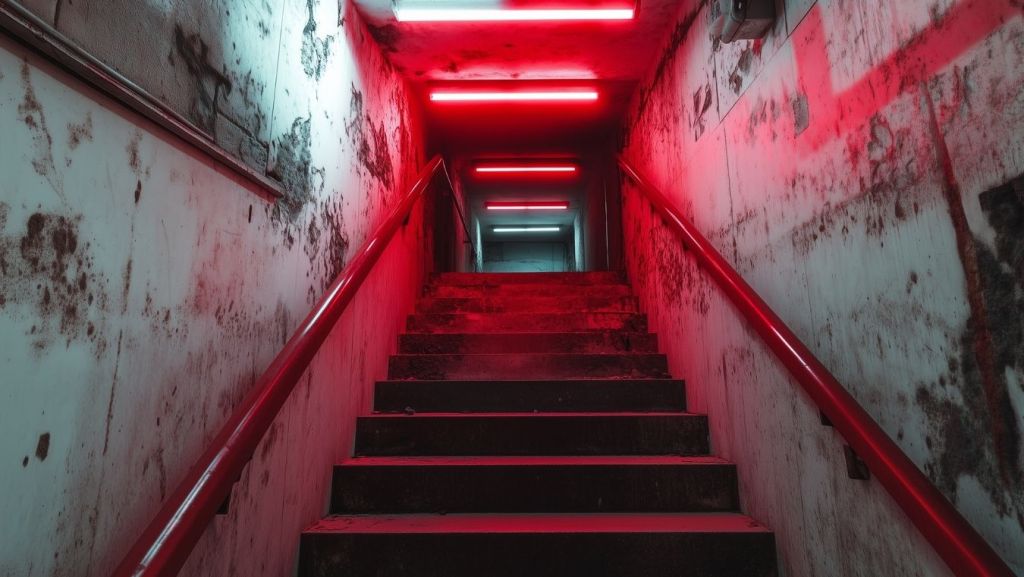 Dimly lit, grungy staircase with red overhead neon lights, evoking tension and atmospheric suspense for thriller screenplay analysis.