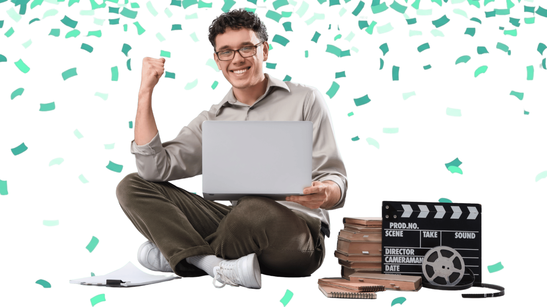 Excited screenwriter celebrating with laptop surrounded by green confetti, film clapperboard, scripts, and movie reel for The Greenlight List 2026 semi-finalists announcement